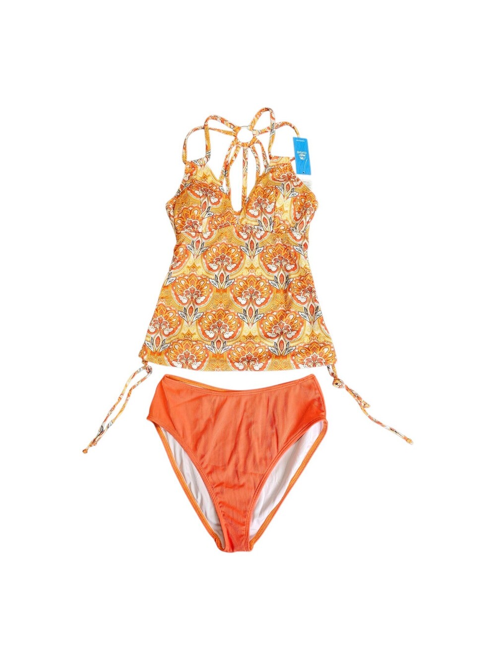 NWT Cupshe 2 pc Swimsuit, Orange Multi Tankini Top Size Med
